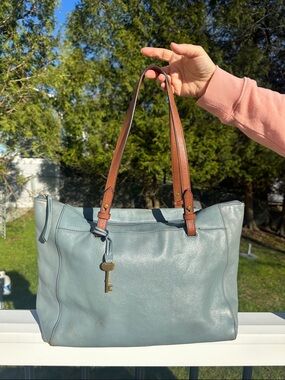 Fossil Light Blue Leather Tote with Brown Straps